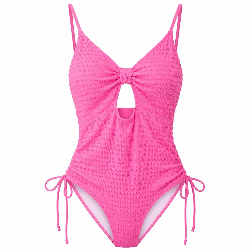 Womens XL Hot Pink Textured One Piece Swimsuit Ruched Cutout Y2K Barbiecore
